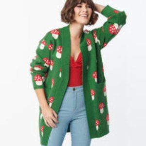 Unique Vintage Green & Red Mushroom Open Long Cardigan - One Size